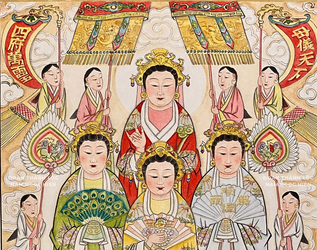 Watercolor Painting The Mother Goddesses of All People Portraying the Four Palaces’ Mother Goddesses by Nam Ngọc Đoàn Thành Lộc